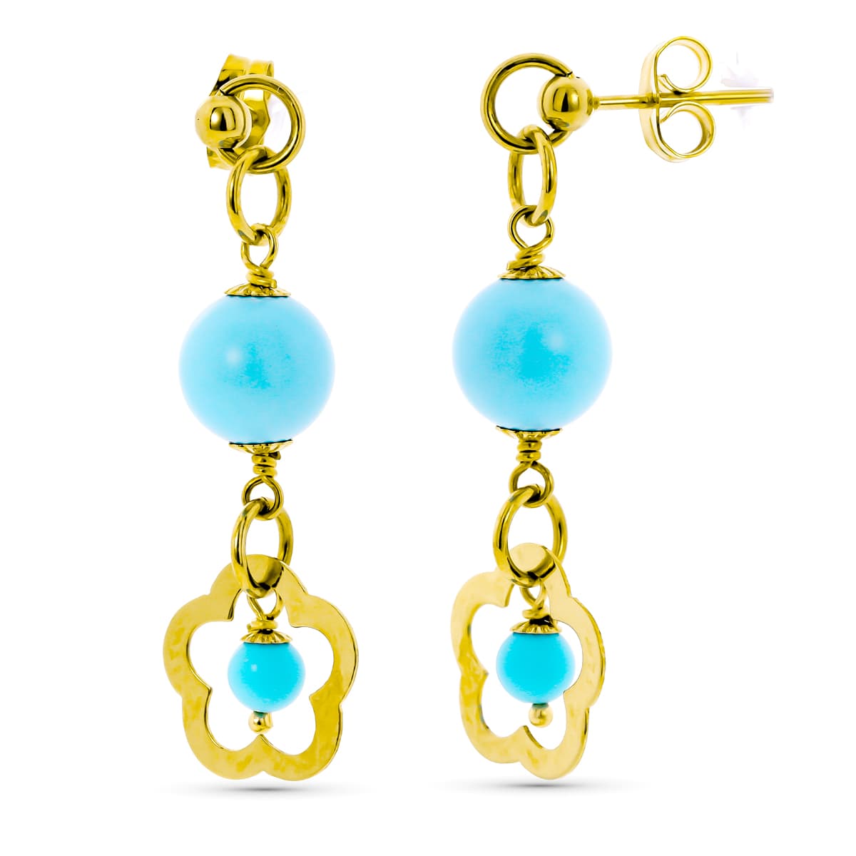 Boucles d'oreilles Longues Or Jaune 18K Ouverture Fleur Turquoise Fermoir Pression