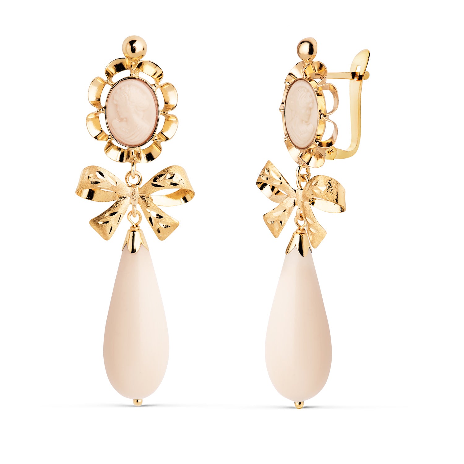 Boucles d'oreilles Or Jaune 18K Camée Ivoire 42X13 mm Fermoir Catalan