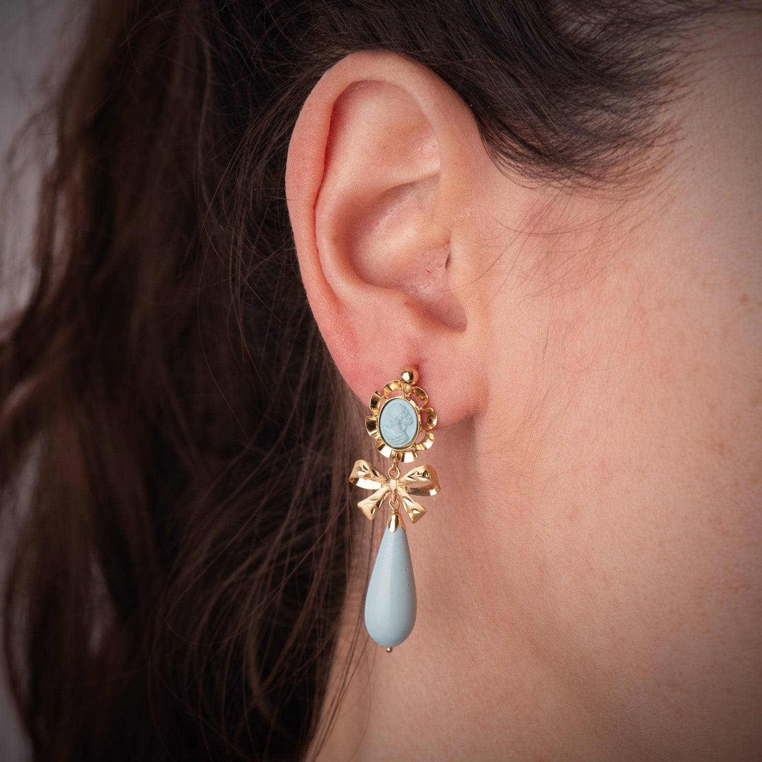 Pendientes Oro Amarillo 18K Camafeo Turquesa 42X13 mm Cierre Bisagra