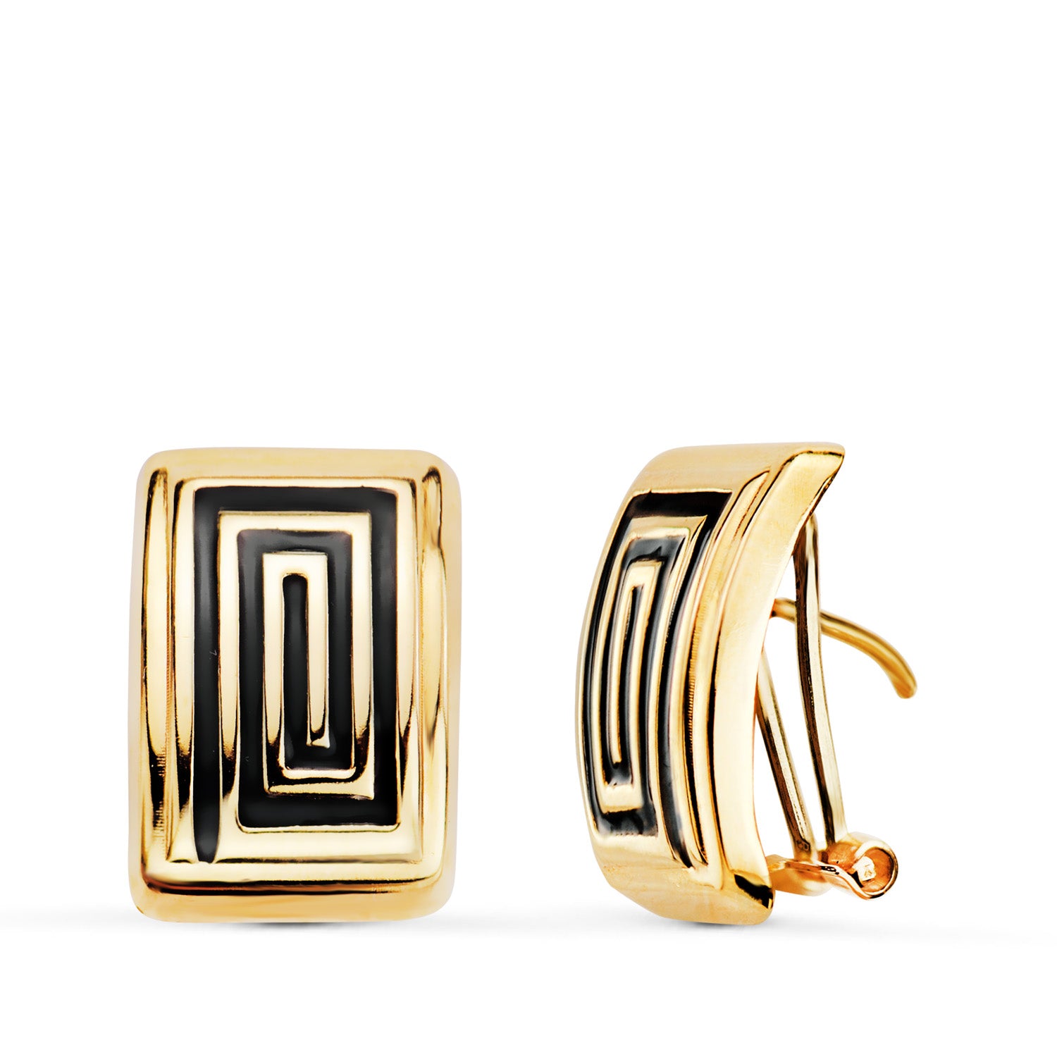 Boucles d'oreilles Or Jaune 18K Émail Noir 16 X 11 mm Fermoir Omega