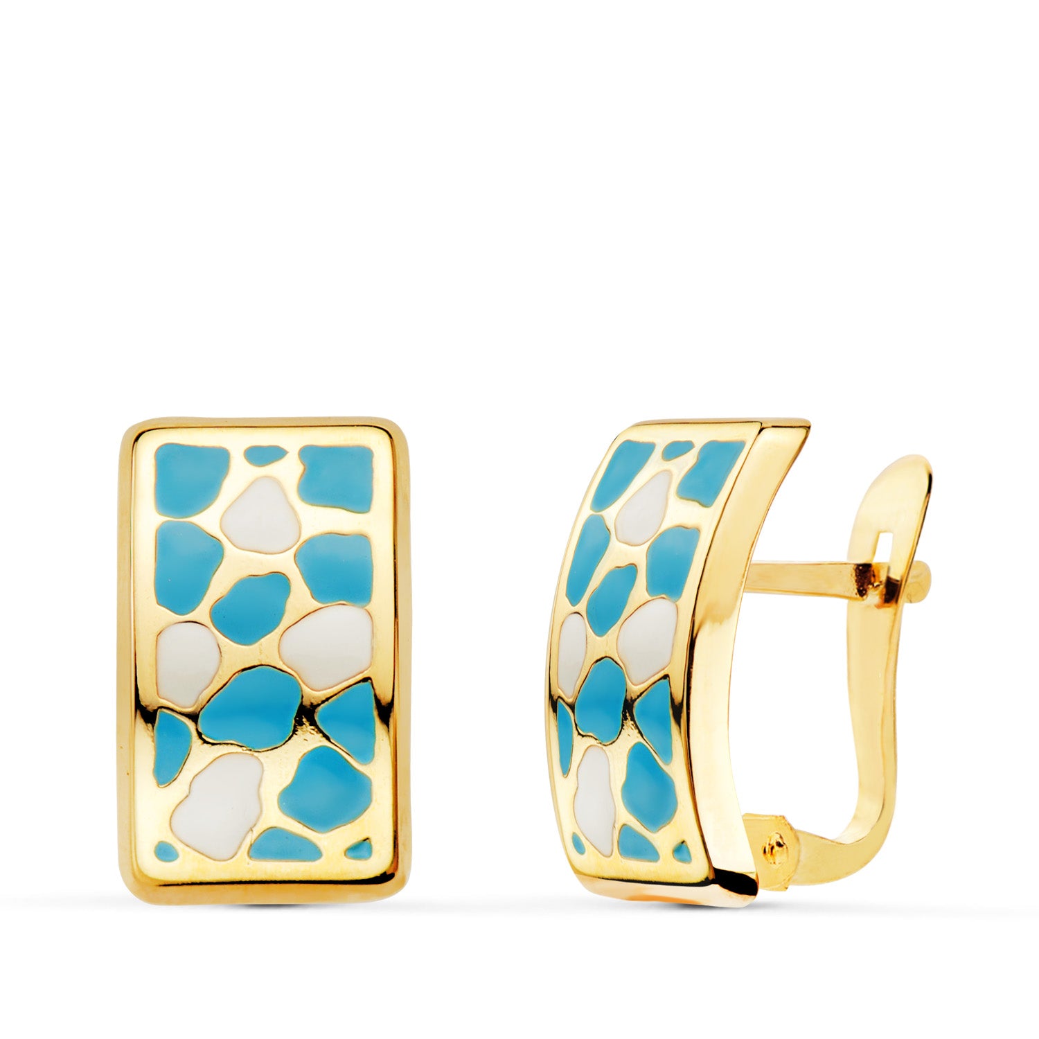 Orecchini in oro giallo 18 carati smalto blu e bianco 14 X 9 mm Chiusura a cerniera