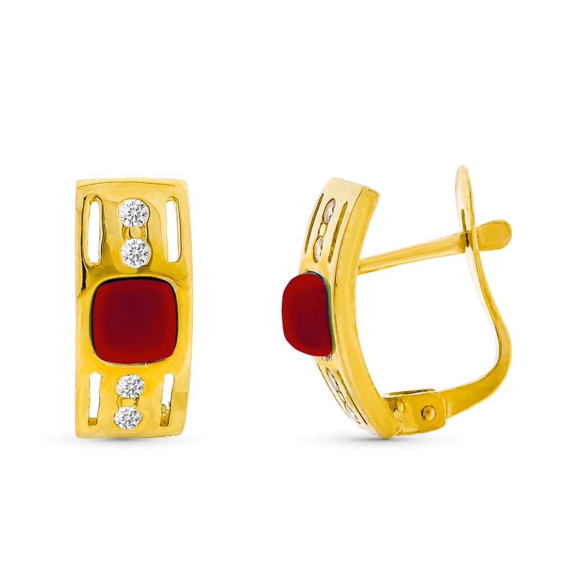 Boucles d'oreilles Or Jaune 18K Corail Fin 4 mm Zircon Fermoir Catalan