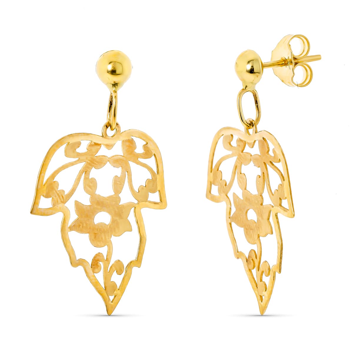 18K Yellow Gold Openwork Leaf Earrings Butterfly Push Clasp