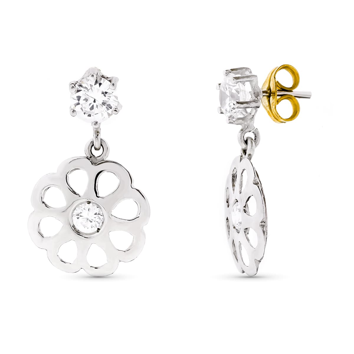 18K Boucles d'oreilles Or Blanc et Zircons 22 X 13 mm Fermoir Poussettes Papillon