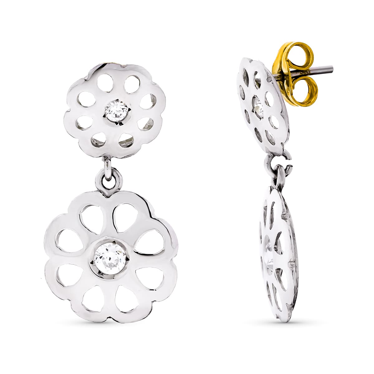 Brincos em ouro branco 18K flores e zircônias fecho borboleta 20 x 10 mm