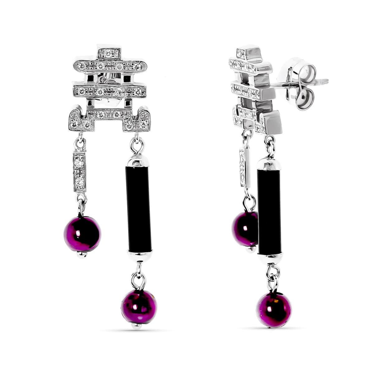 18K White Gold Earrings Zircons and Balls Butterfly Clasp