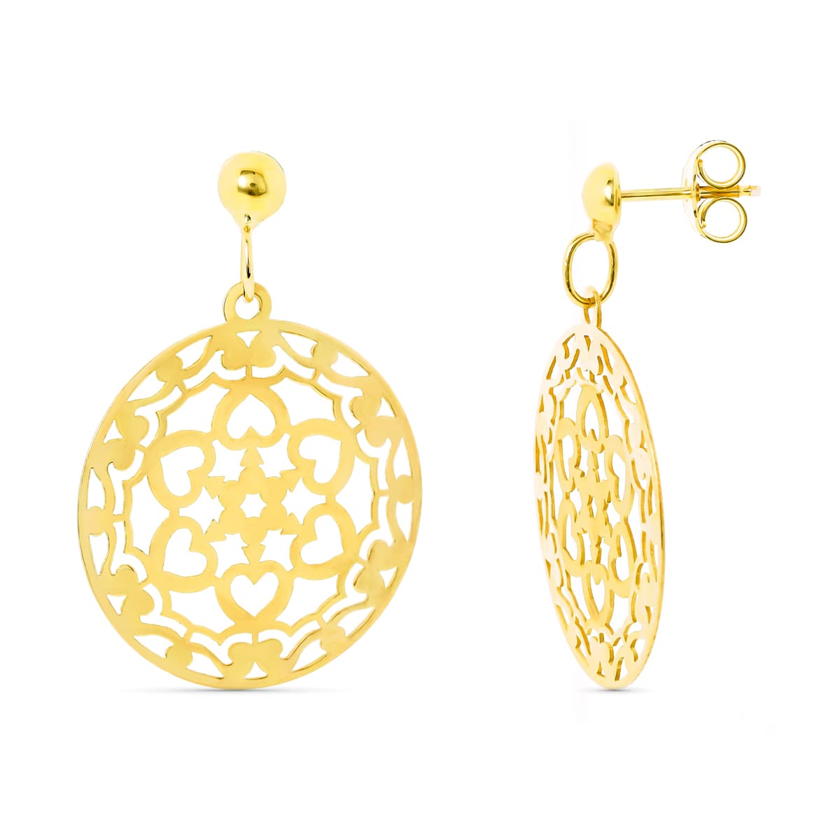 Boucles d'oreilles Fleur Ronde Ouverture Or Jaune 18K avec Fermoir Poussettes Papillon