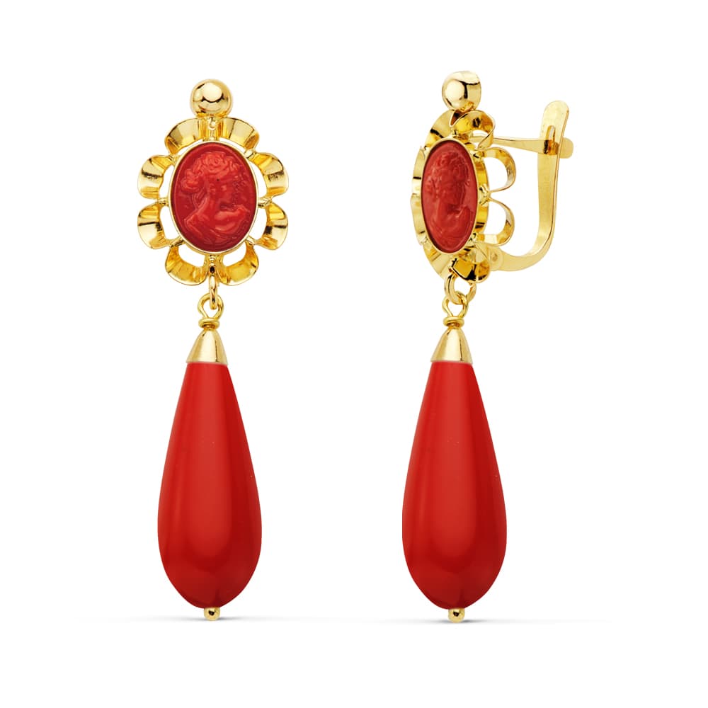 Boucles d'oreilles Camée Coralline Or Jaune 18K 38X10 mm Fermoir Catalan