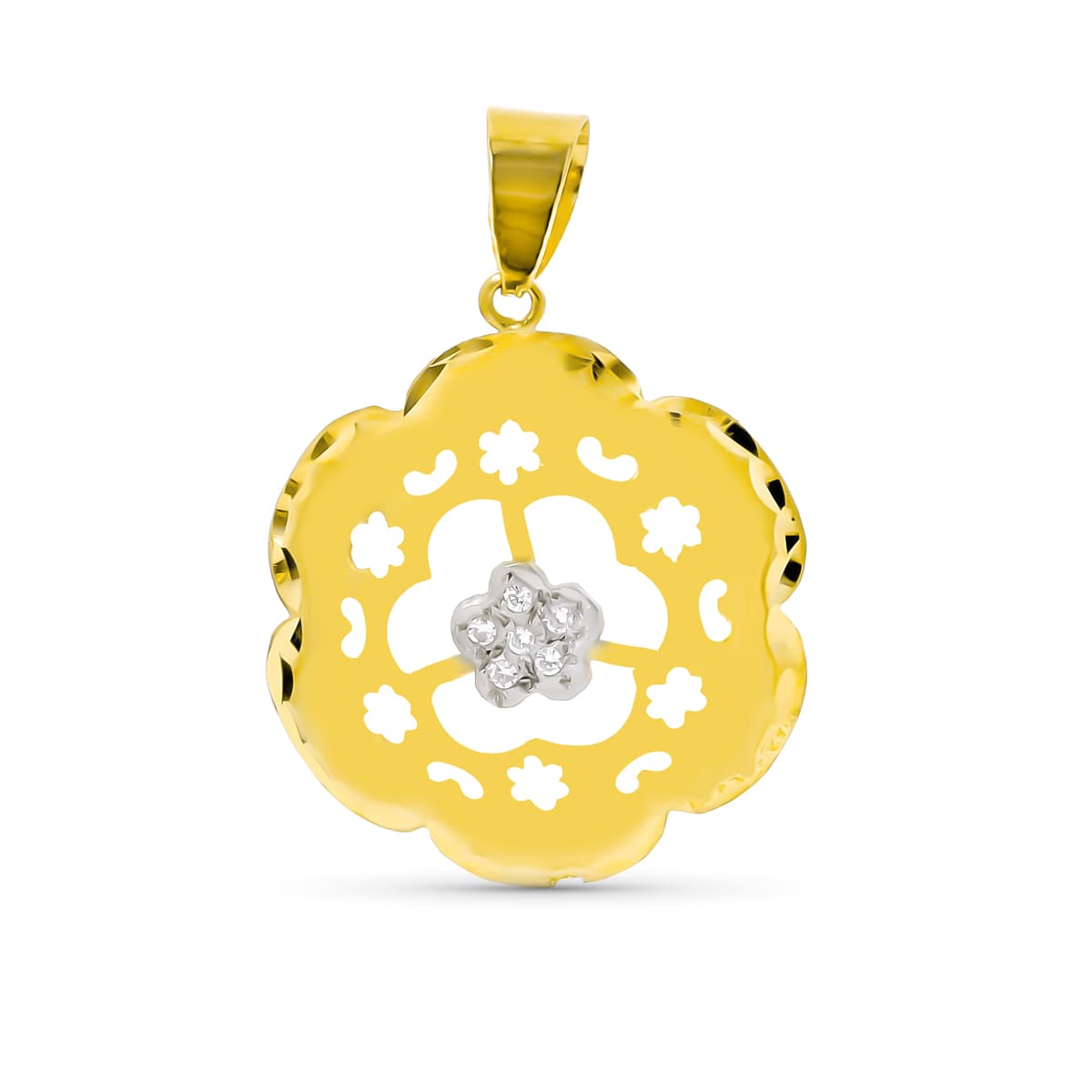 18K Tofarvet guldvedhæng Blomsterzirkoner 24 X 21 mm