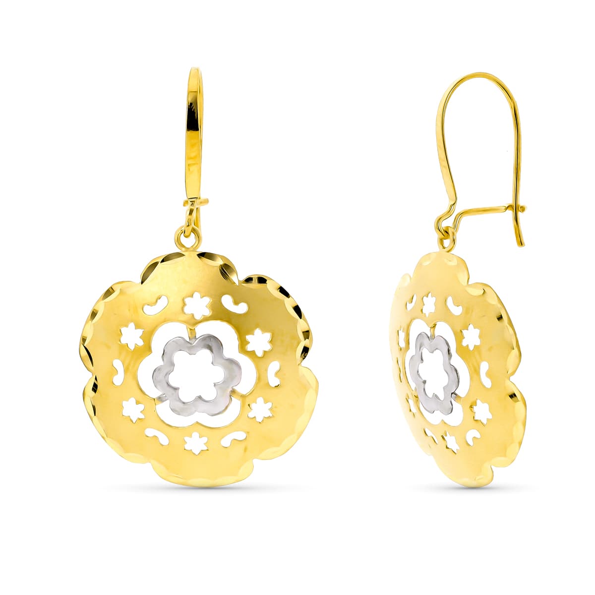 Brincos longos de flores em ouro bicolor 18K com fecho de gancho