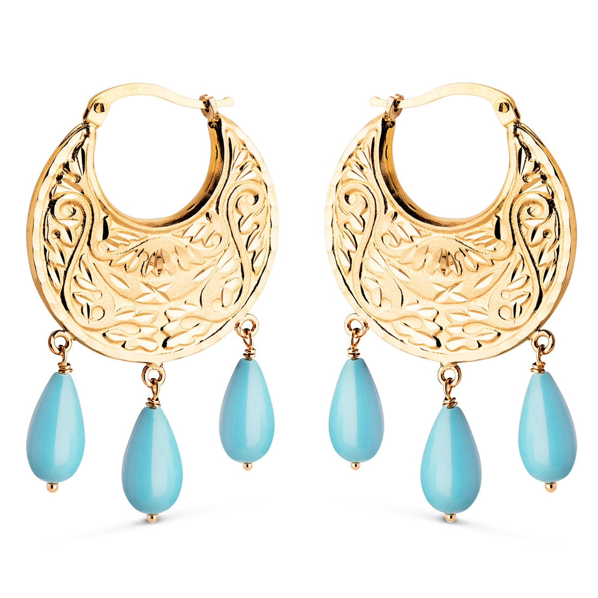 Boucles d'oreilles sculptées trois pampilles – Or jaune 18 carats – Turquoise