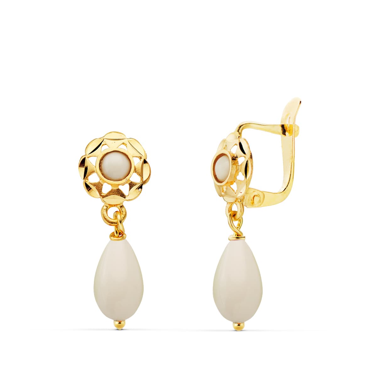 18K Pendientes Oro Amarillo Cubanas Lagrimas Blancas. Medida: 17X6 mm Cierre Catalan