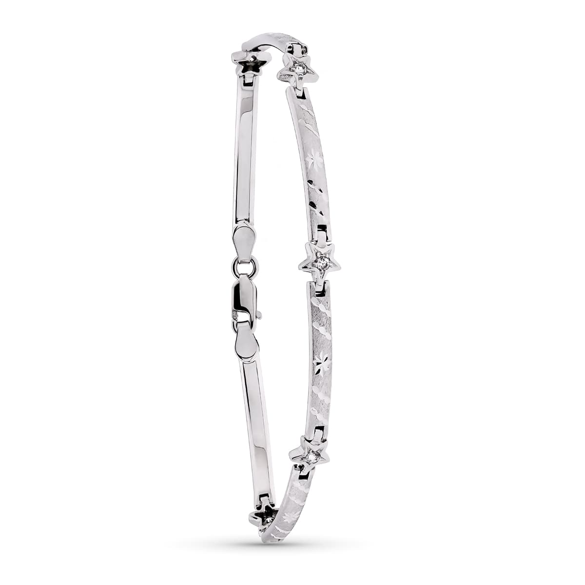 Pulseira com estrelas e listras em ouro branco fosco e brilhante 18K 19 cm