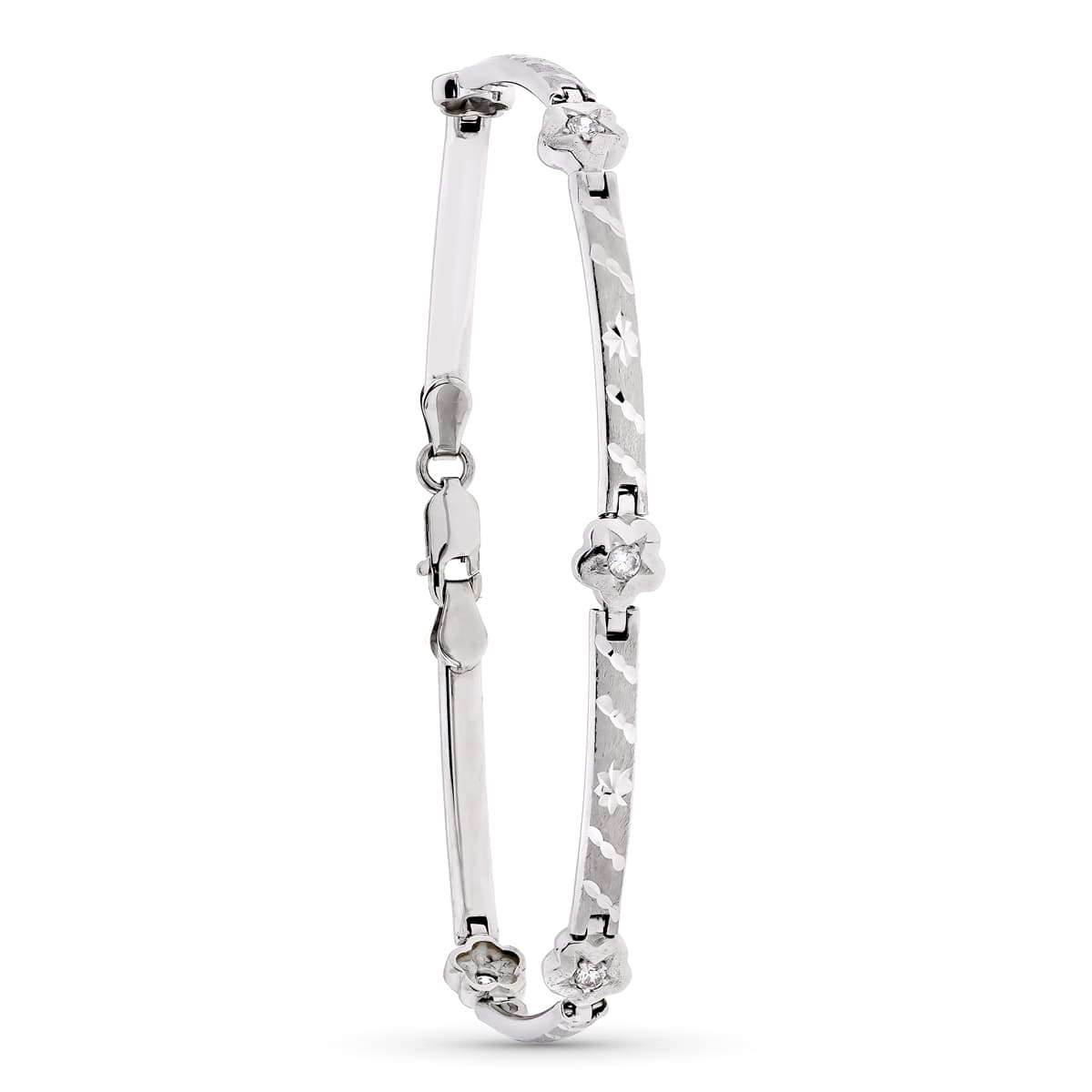 Pulseira e barras e flores em ouro branco fosco 18K 185 cm