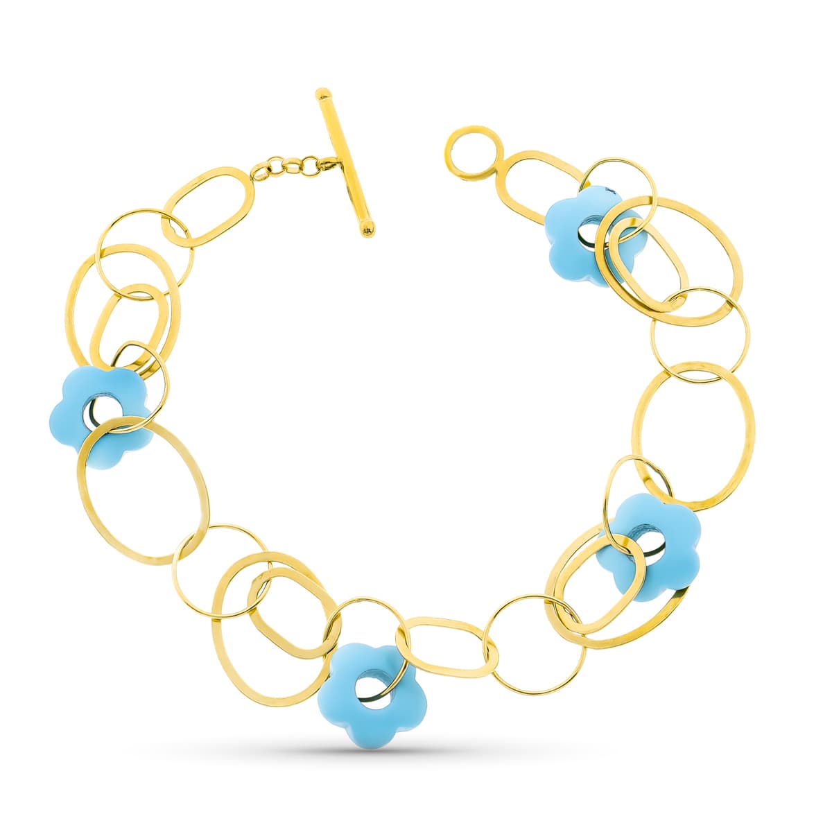 18K Bracelet Or Jaune Cercles et Fleur Turquoise 20 Cm