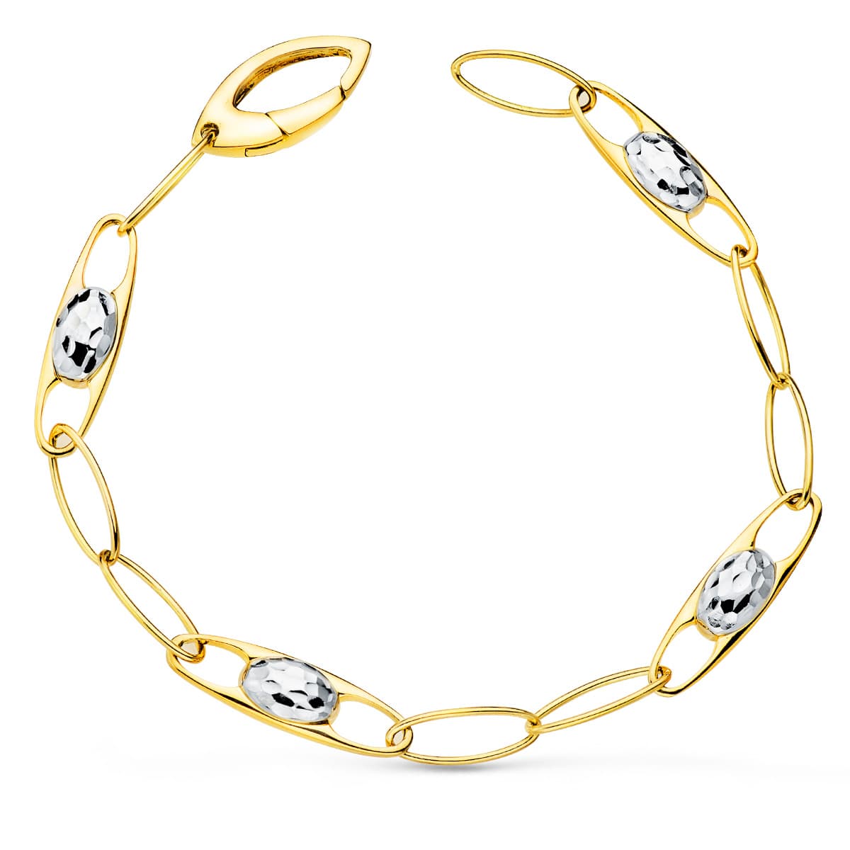 18K Bracelet Or Bicolore Maillons et Motifs. Largeur 6 mm Longueur 19 Cm