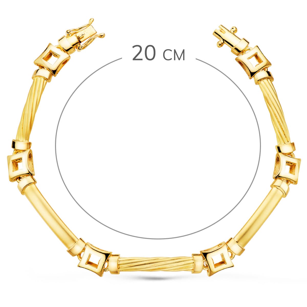 18K gul guld firkantet mønster armbånd. Bredde 8 mm Længde 20 Cm