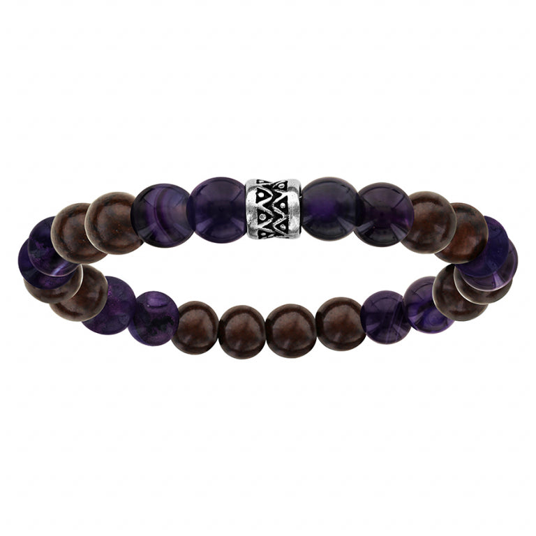 Bracelet Perles Bois Et Agate Teinte Violet – Acier Argenté | Azuline