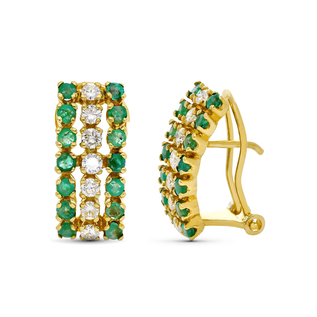 Brillante und smaragdgrüne Ohrringe aus 18-karätigem Gelbgold, 17 x 7 mm, Omega-Verschluss