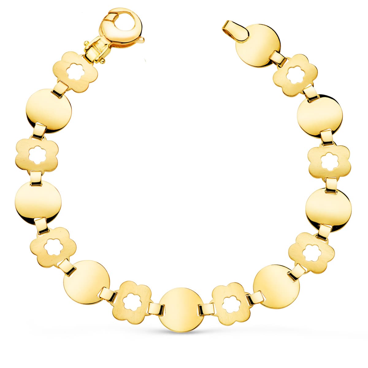 Pulseira em ouro amarelo 18K elos redondos e flor largura 10 mm comprimento 19,5 cm