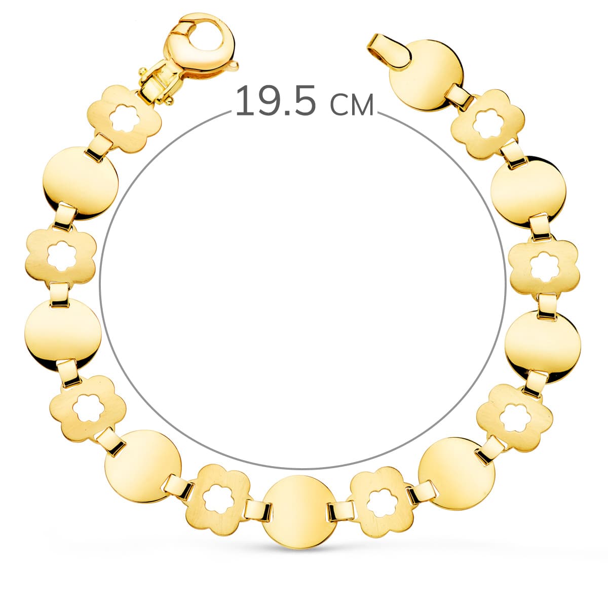 Pulseira em ouro amarelo 18K elos redondos e flor largura 10 mm comprimento 19,5 cm
