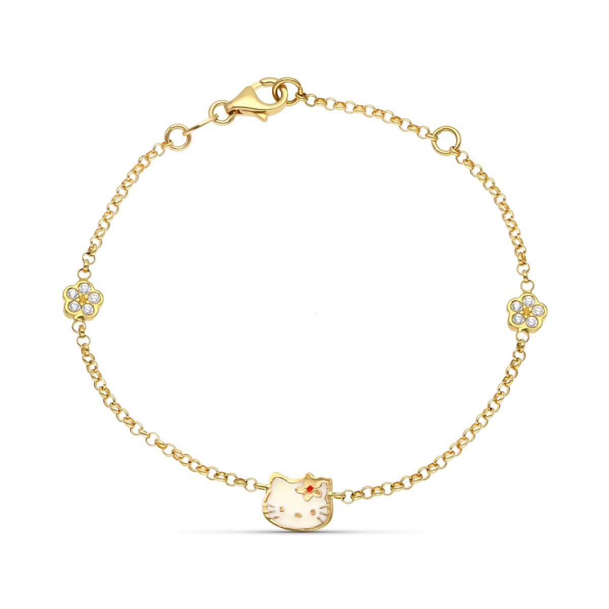 18K イエロー ゴールド エナメル 猫と花 ジルコン ブレスレット 18 cm