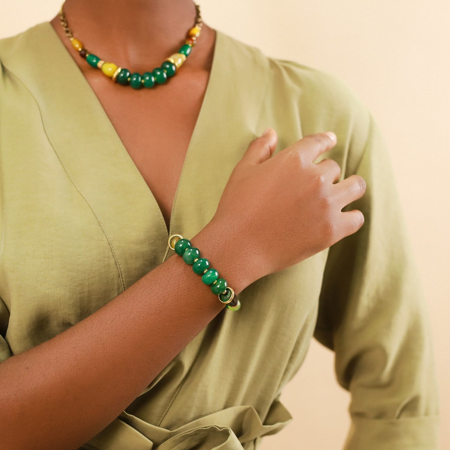 Agata Verde - Grosses Perles Pierres - Bracelet Extensible - Nature Bijoux