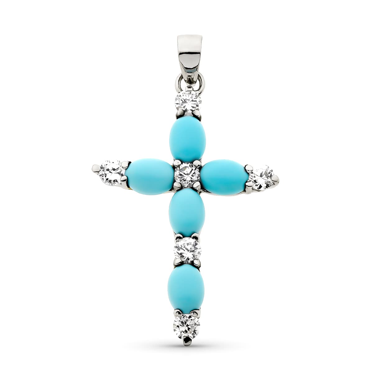 Croix Or Blanc 18K Turquoise et Zircone 40X26 mm