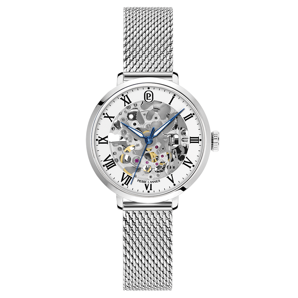 Montre femme Pierre Lannier AUTOMATIC 137H601 – cadran blanc bracelet acier milanais argenté – vue de face