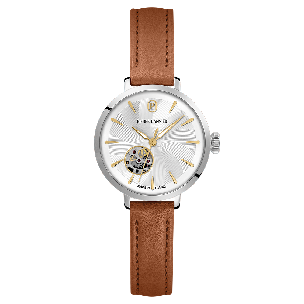 Montre femme Pierre Lannier SOLINE 138F624 – cadran argenté bracelet cuir brun – vue de face