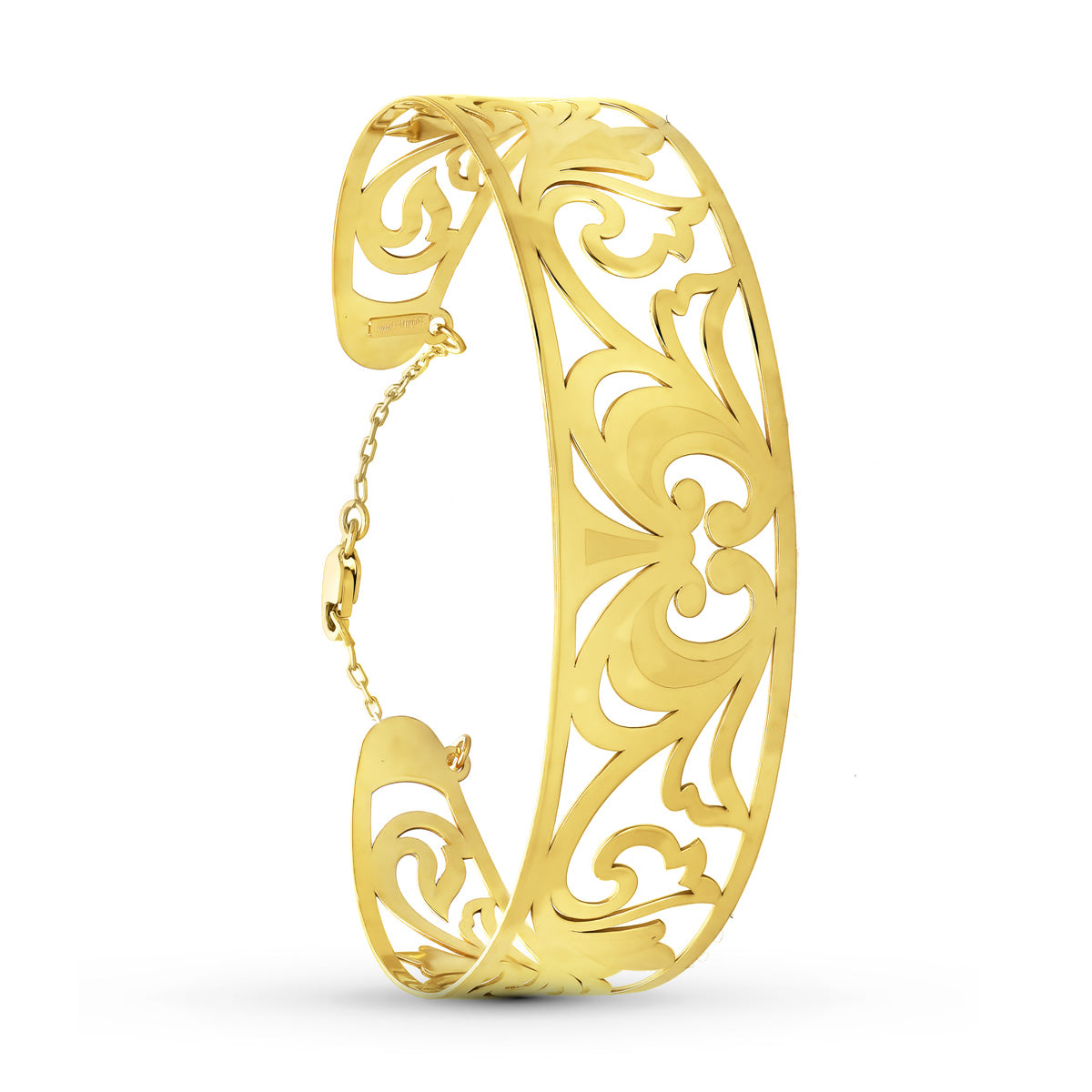 Pulsera en Oro Amarillo Rígido de 18K con Calado Mate Brillante Medida Interior 65X50 mm Ancho Total 20 mm Cierre Lobinero con Cadena