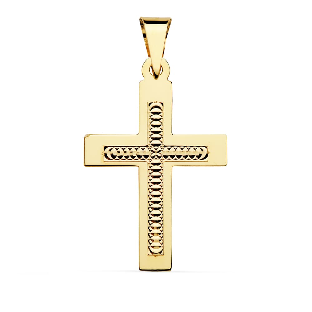 18K Yellow Gold Cross Carved 34X22 mm