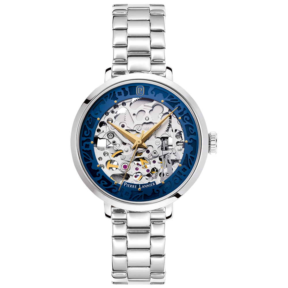 Montre femme Pierre Lannier AUTOMATIC 141K661 – cadran bleu bracelet acier argenté – vue de face