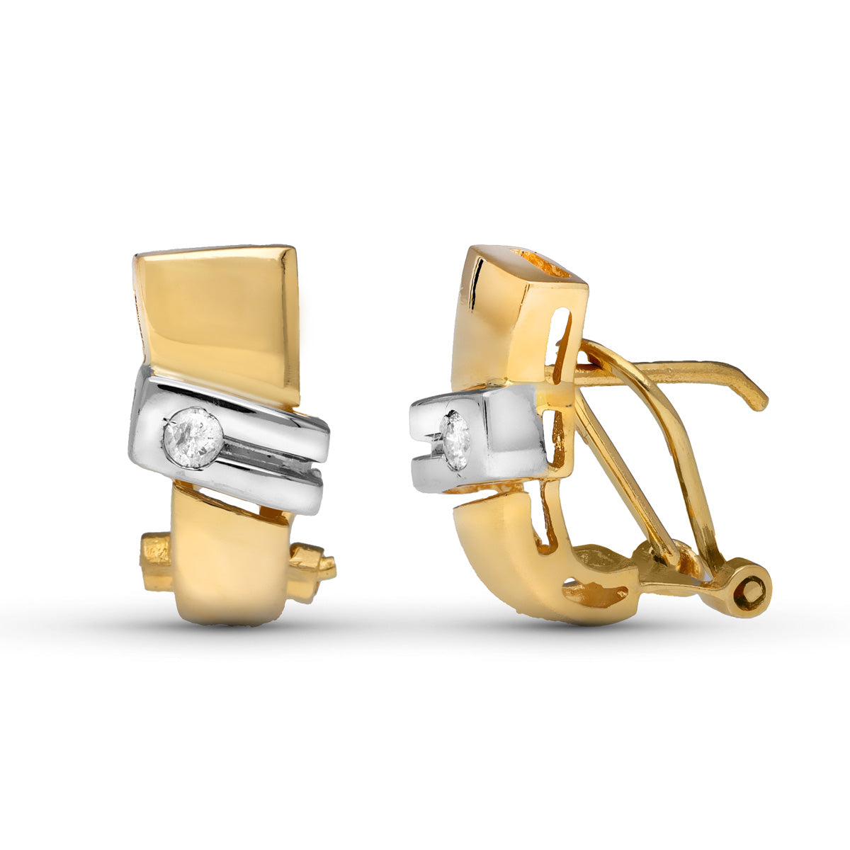 18K Two-Tone Gold Stud Earrings with 0.08 Ct Natural Diamonds Omega Clasp