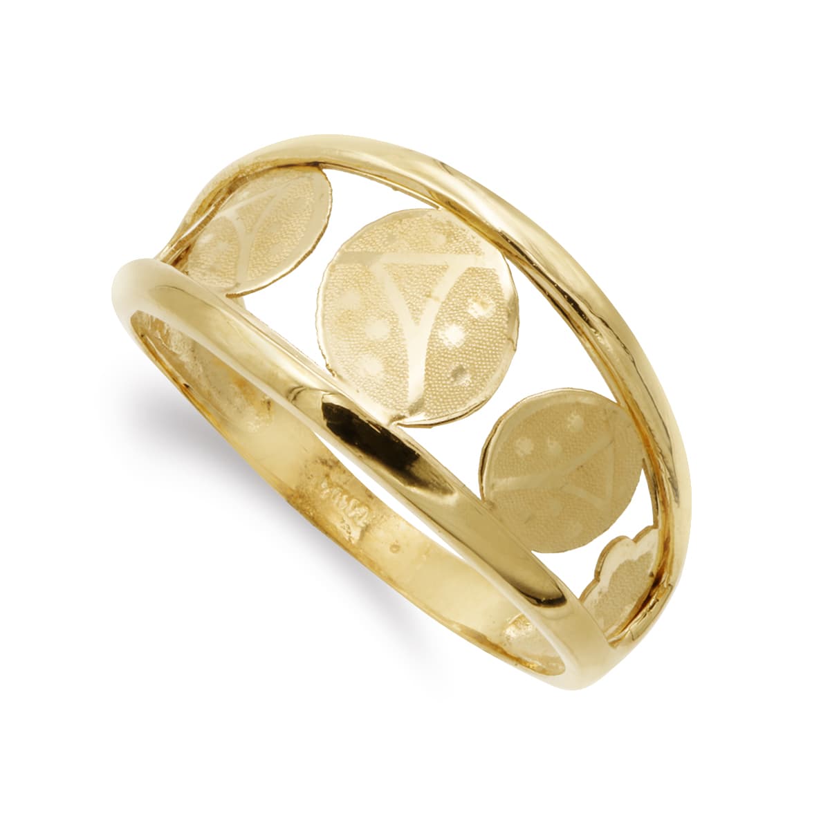 18K Bague en Or Jaune Ajourée Coccinelles Largeur 10 mm