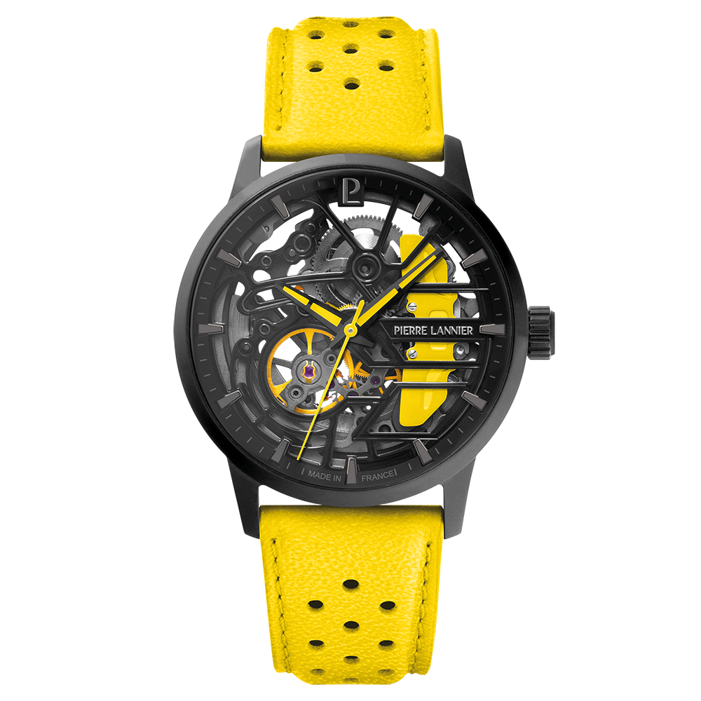 Montre femme Pierre Lannier PADDOCK 145G849 – cadran squelette noir bracelet cuir perforé jaune – vue de face