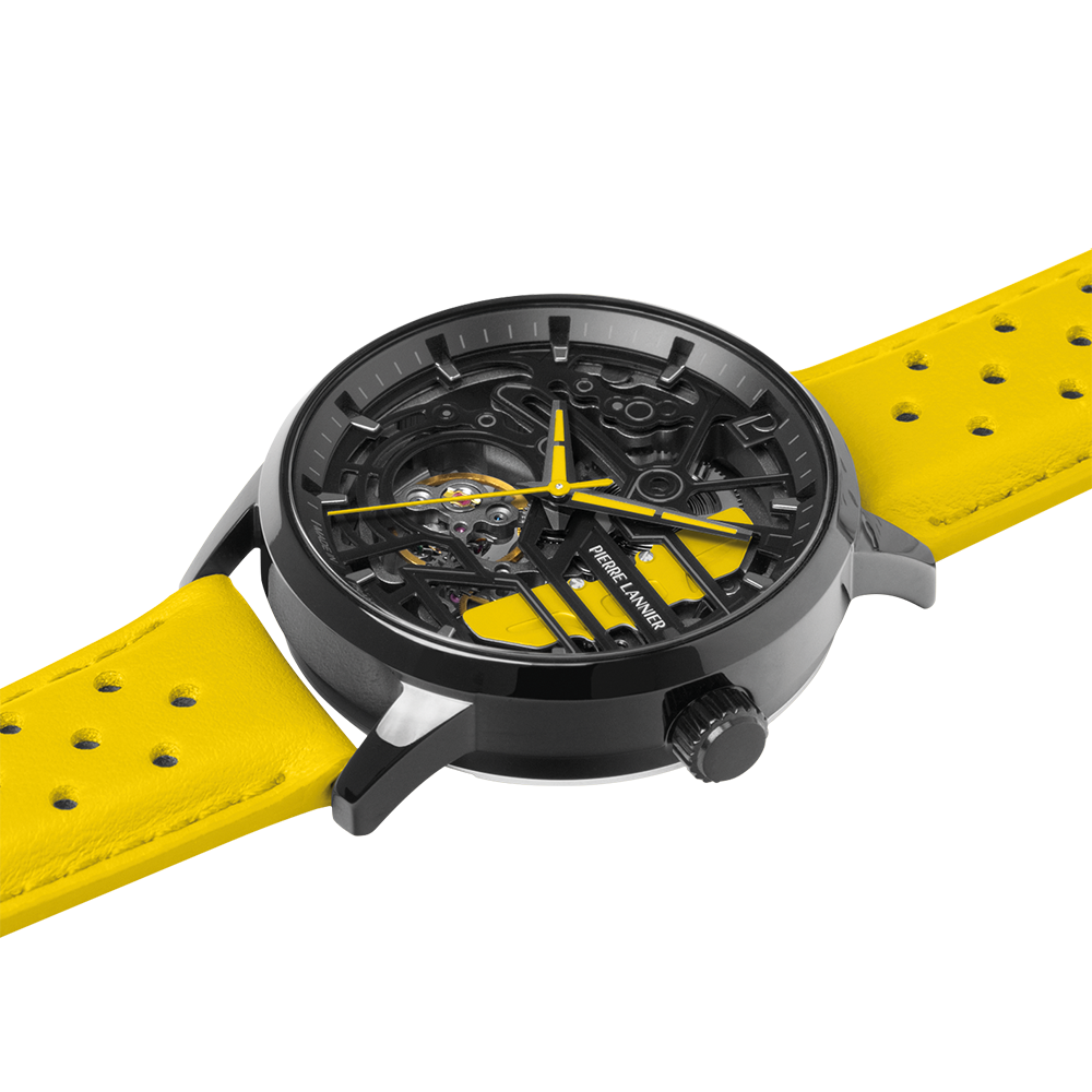 Montre femme Pierre Lannier PADDOCK 145G849 – cadran squelette noir bracelet cuir perforé jaune – vue 3
