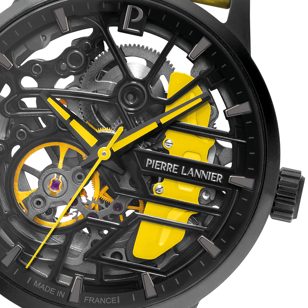 Montre femme Pierre Lannier PADDOCK 145G849 – cadran squelette noir bracelet cuir perforé jaune – vue 4