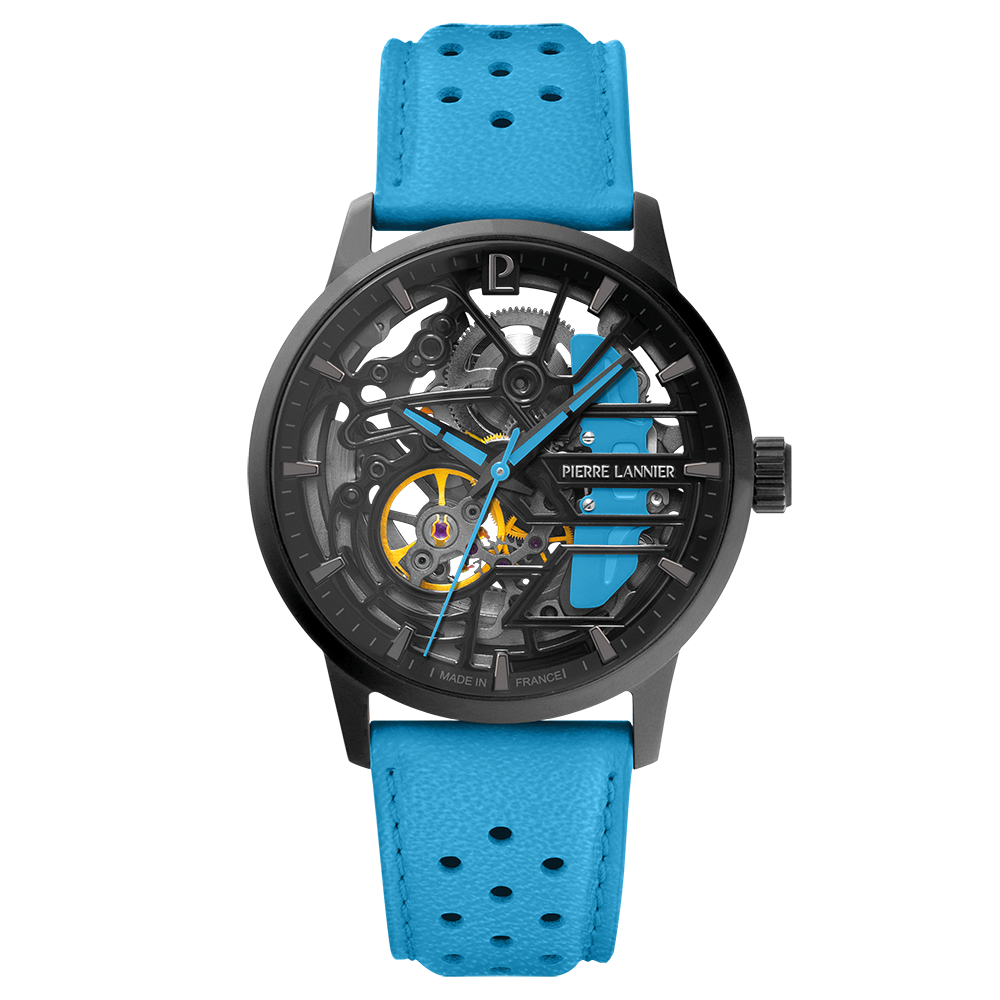 Montre femme Pierre Lannier PADDOCK 145G866 – cadran squelette noir bracelet cuir perforé bleu – vue de face