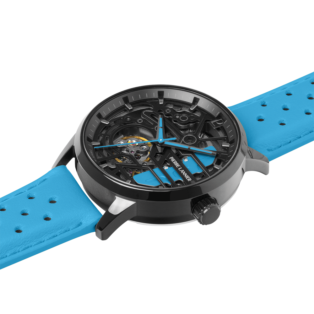 Montre femme Pierre Lannier PADDOCK 145G866 – cadran squelette noir bracelet cuir perforé bleu – vue 3