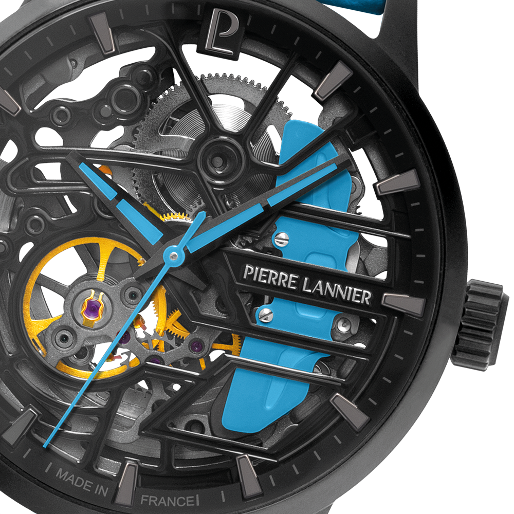 Montre femme Pierre Lannier PADDOCK 145G866 – cadran squelette noir bracelet cuir perforé bleu – vue 4