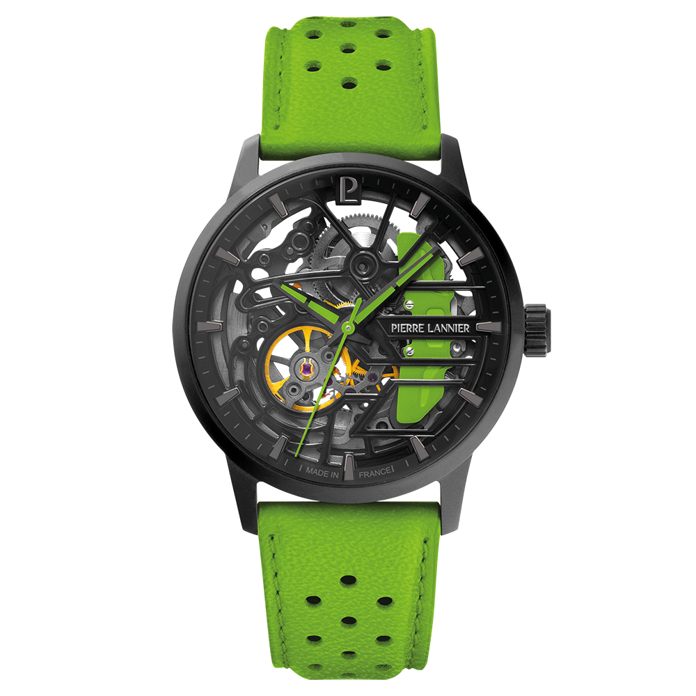 Montre femme Pierre Lannier PADDOCK 145G877 – cadran squelette noir bracelet cuir perforé vert – vue de face