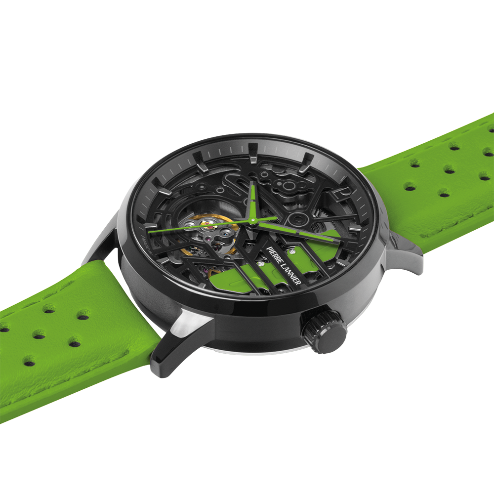 Montre femme Pierre Lannier PADDOCK 145G877 – cadran squelette noir bracelet cuir perforé vert – vue 3