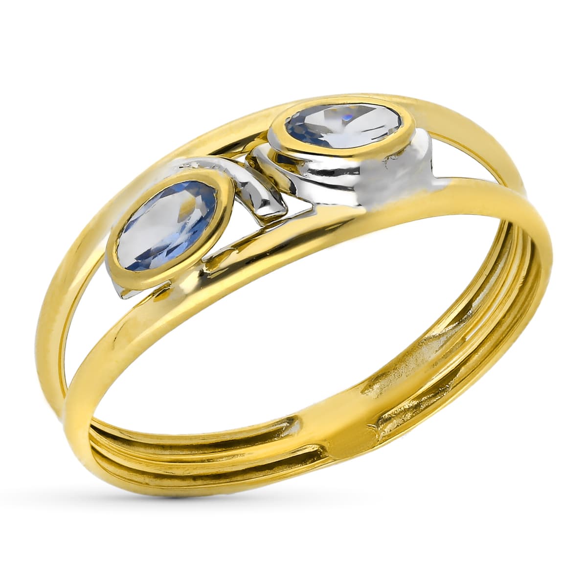 Dubbele lichaamsring in 9K tweekleurig goud met blauwe zirkoon. Breedte: 6 mm
