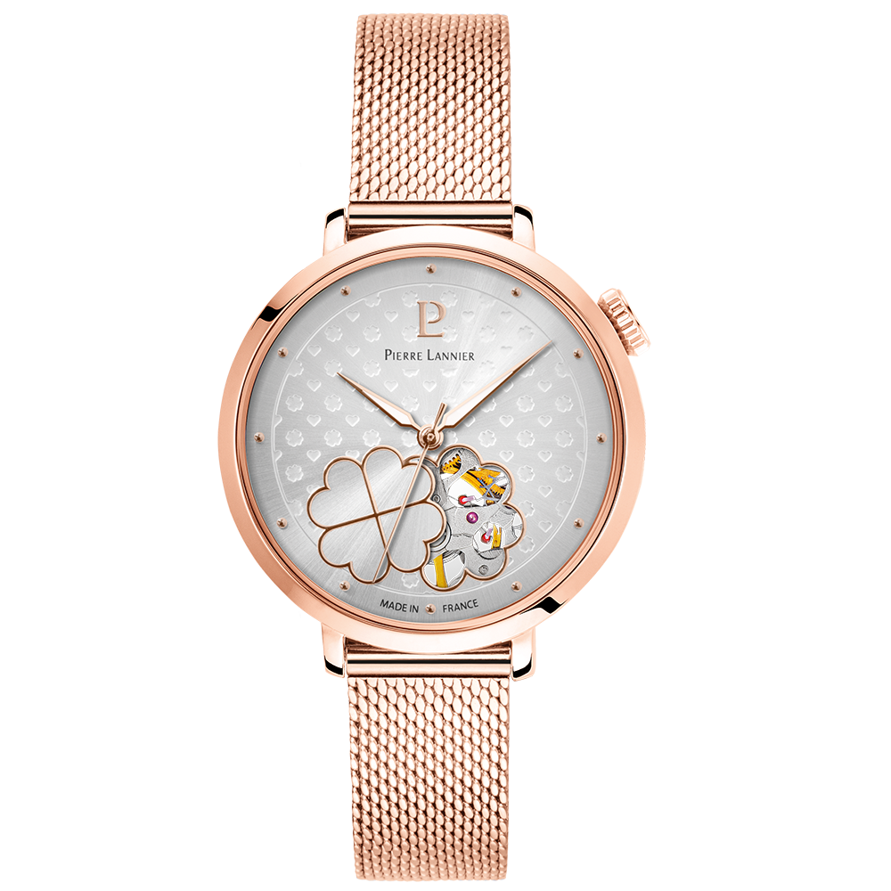 Montre femme Pierre Lannier ESPERANCE 147K928 – cadran argenté bracelet acier milanais doré rose – vue de face