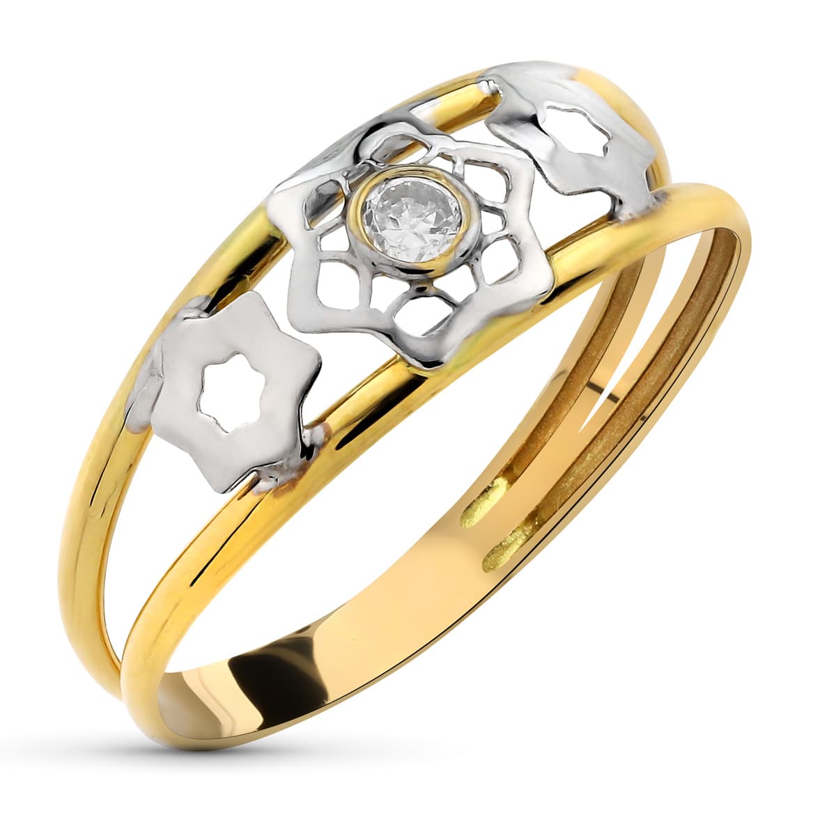 Dobbelt kropsring i 18K tofarvet guld med zirkon og åbne blomstermotiver Bredde: 6,5 mm
