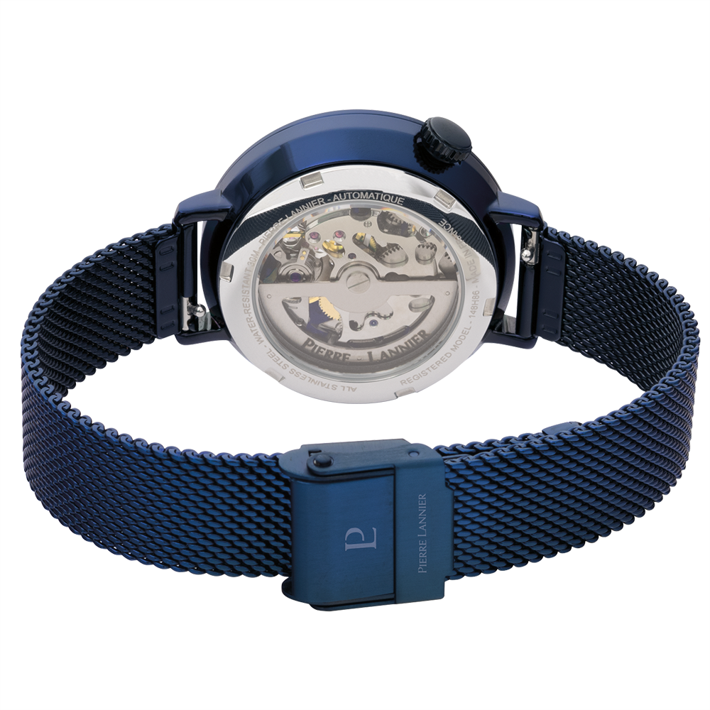 Steenblauwe wijzerplaat, witgouden wijzers, blauwe bezel Pierre Lannier 148H866
