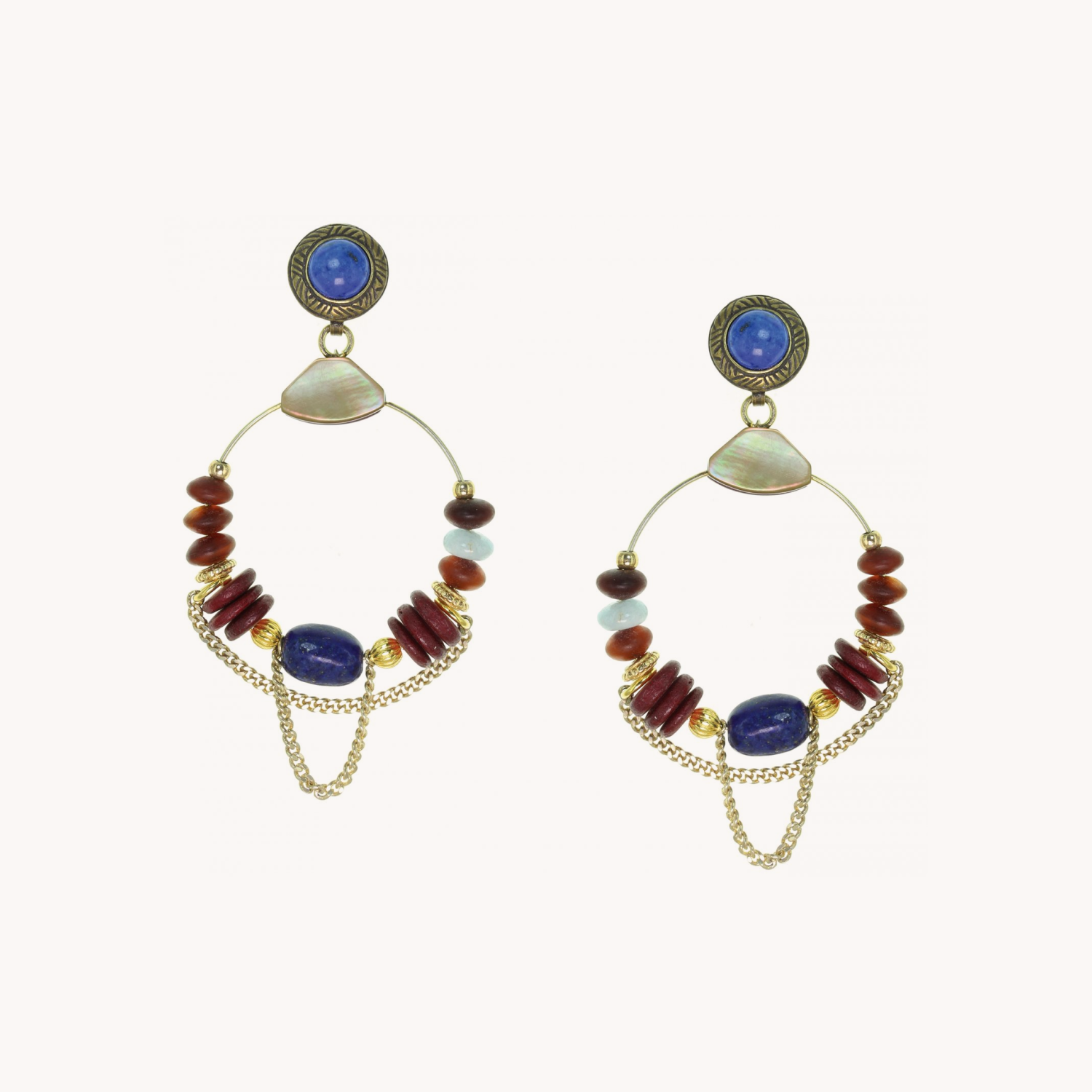 Boucles d'oreilles Galiana BO gitane aigue marine corne graines nacre 12--25514 Nature Bijoux