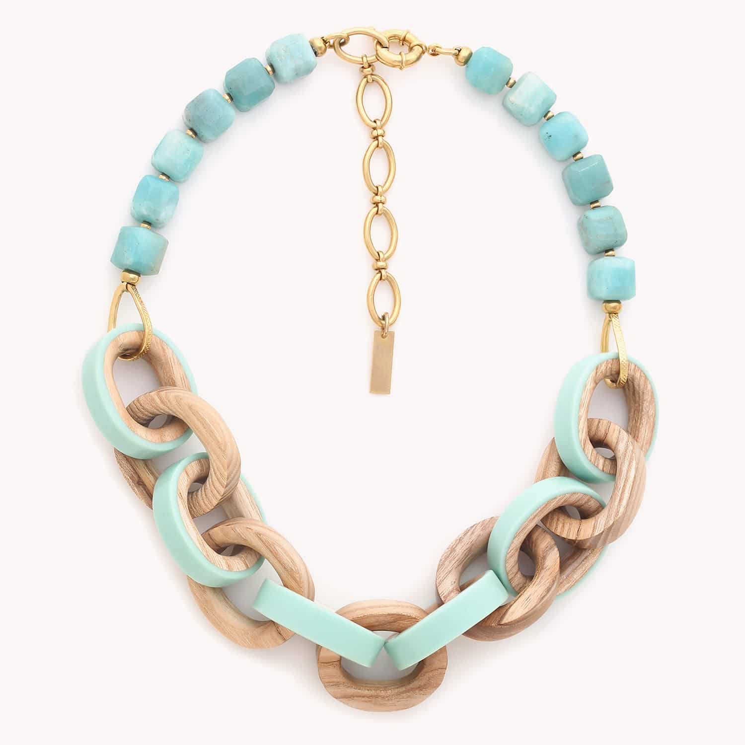 Collier Mississippi plastron 11 anneaux Amazonite Bois de Frêne Nature Bijoux 15--43370