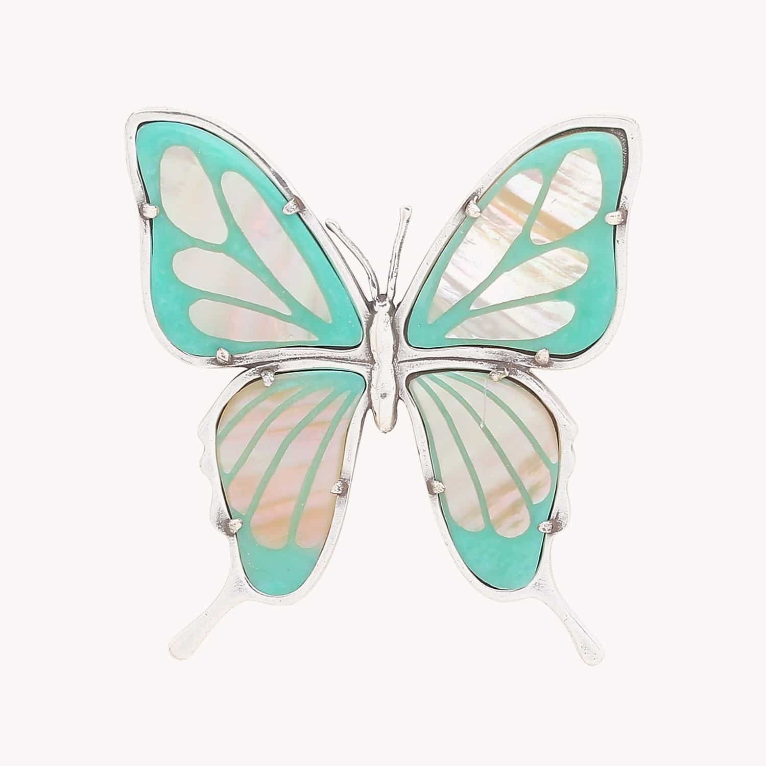 Broche Mariposa papillon argentée turquoise nacre rosée 10--23910 Nature Bijoux